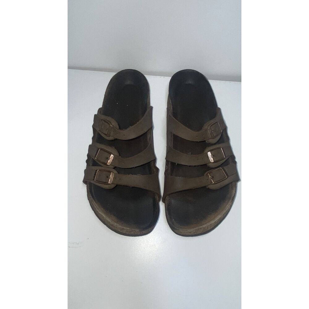 Birkenstock Sandals Womens 38.5 Florida Three Straps Slide Brown Leather Slip On